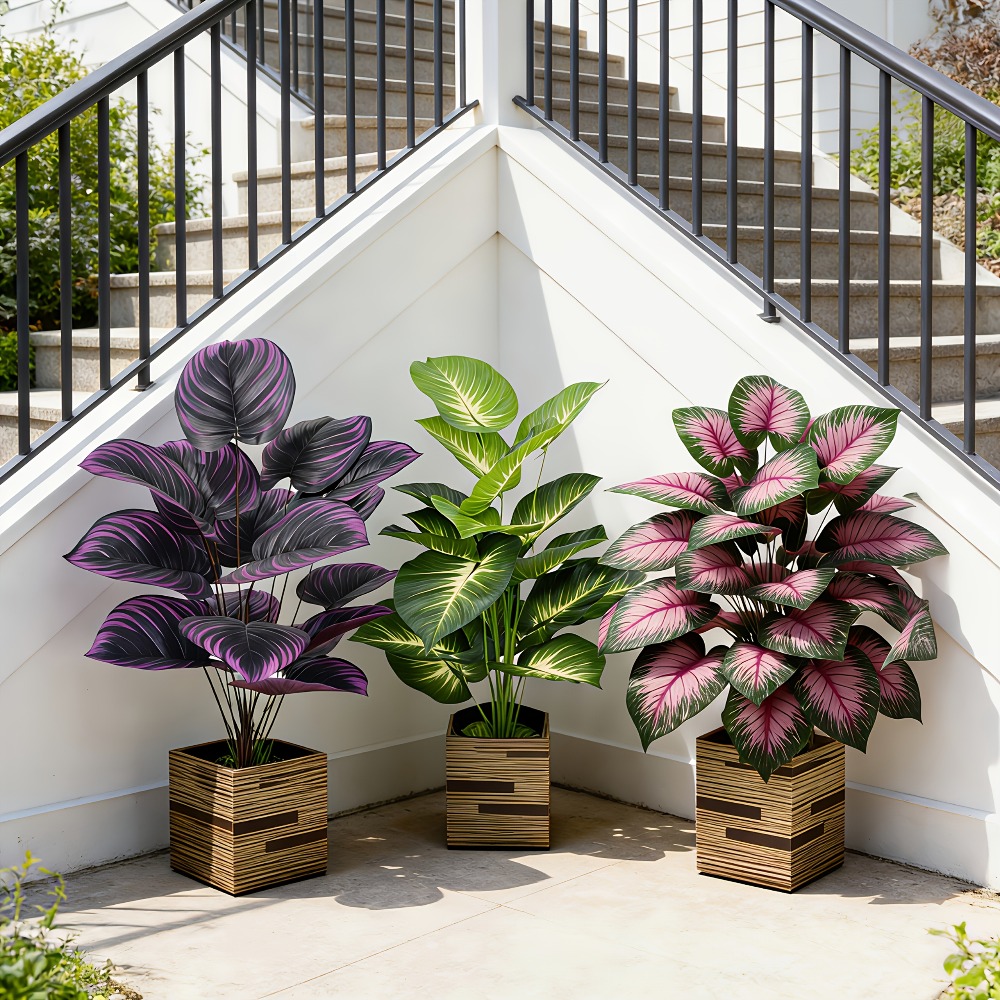 Ficus Lyrata Tree - 3個セット、様々な大型葉の屋外人工植物、緑豊かなフィカスツリーとバードオブパラダイスパーム（36枚の葉付き）2026