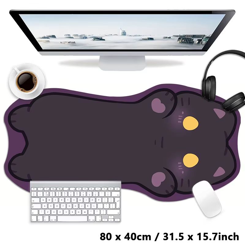 Tradescantia Purple - VIKAMA かわいい漫画の黒猫型マウスパッド パープルボーダー 不規則な防水性 滑り止め 特大コンピューターデスクマット