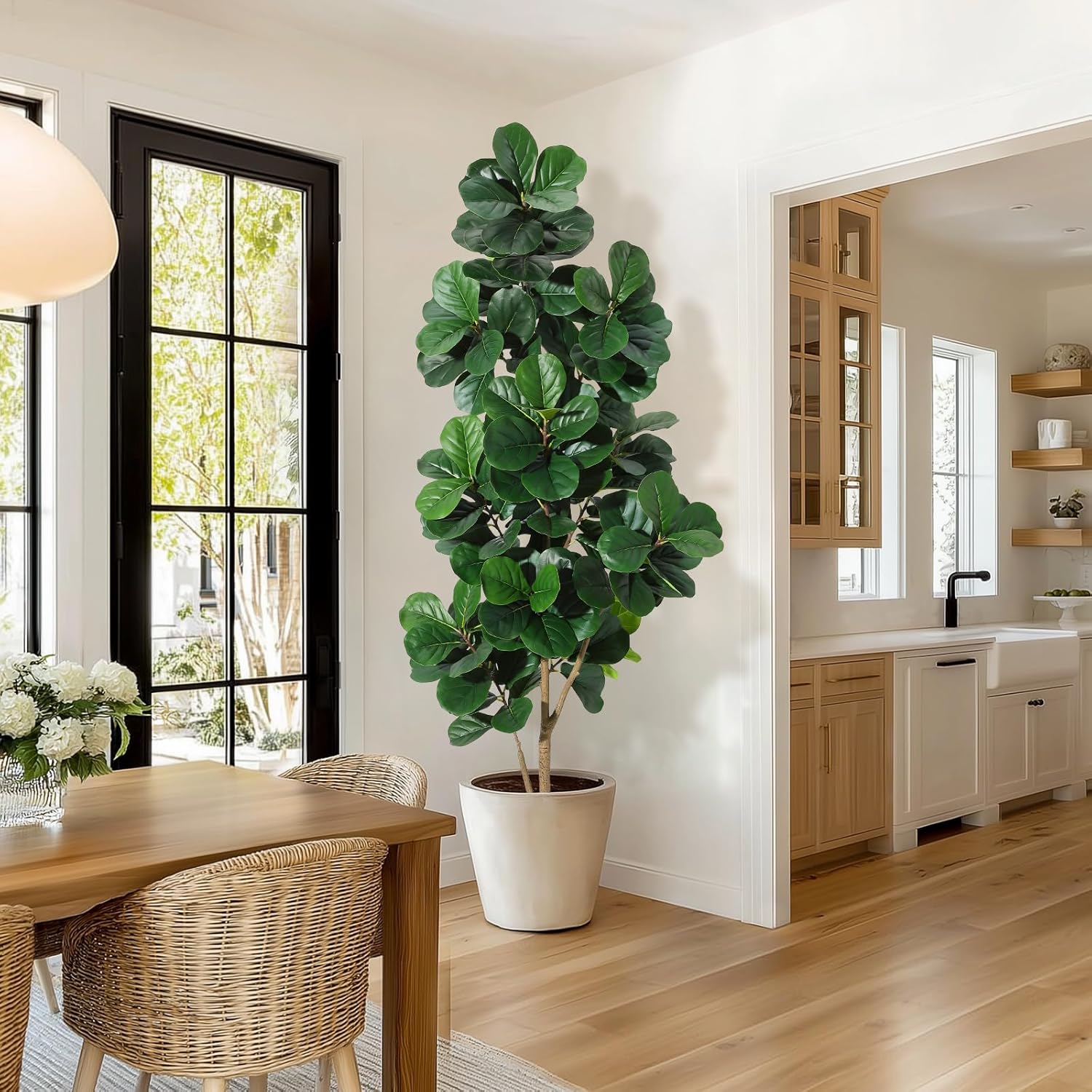 Ficus Lyrata Tree - 4FT/5FT/6FT/7FT フィドルリーフイチジクの木 人工葉付き、リアルなフェイクフィカスリラータツリー ホワイトプランターポット、家の装飾
