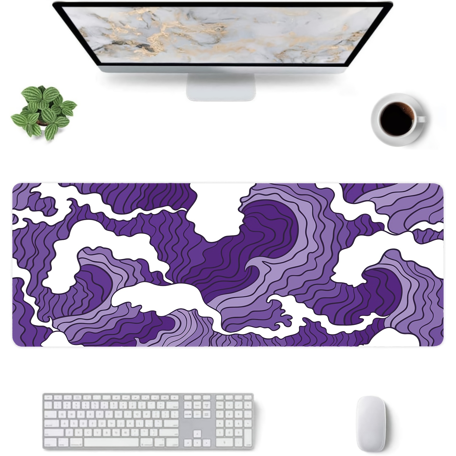 紫と白の波模様アートデスクマット、大型ゲーミングマウスパッド - Tradescantia Purple のレビューと価格